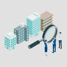 男女3人が建物を分析しているイメージイラスト